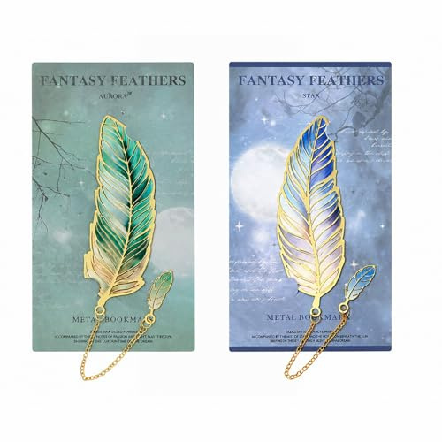 QIHAWN 2Pcs Vintage Feather Metal Bookmarks with Chain Pendant for Readers | Plated metal vintage feather, green-blue gradient, chain pendant, 2 pack slim page-friendly, for readers students gifting