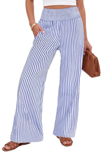 Xiaoliny Pantalon Femme Été Décontractés Bicolore Rayures Taille Haute Pantalons à Jambe Large avec Poches Chic et Elegant Pantalon Palazzo Léger Fluide Pantalons Ample pour Vacances Plage Loungewear