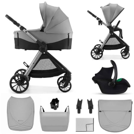Kinderkraft VESTO 2 Kombibarnvagn, 3-i-1, buggy med babybadkar och bilstol, MINK PRO 2, från födseln upp till 22 kg, vändbar sportsits, resesystem, fjädrings, EVA-hjul, vikbar, grå