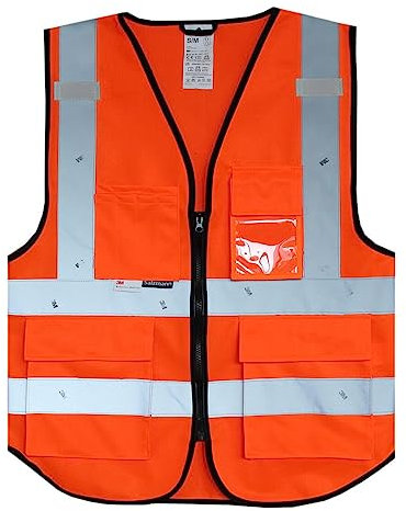 Salzmann Warnweste - Hergestellt mit 3M Reflektierendem Material - Mit 4 Vordertaschen und Reißverschluss