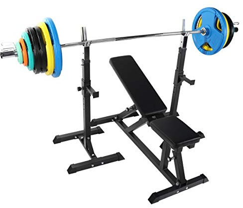 GORILLA SPORTS® Hantelbank-Set 150 kg, Ablage, Olympia 50 mm, verstellbar