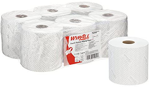 WypAll L10 Food & Hygiene Wiping Paper 7256-1 Ply White Cleaning Wipes - 6 Centrefeed Rolls x 800 Paper Wipes (4,800 total)