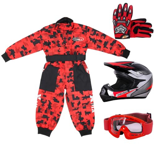 Zorax S(5-6 Years) Kids Camo Suit & Gloves M(6cm) & Goggles & ZOR-X19 Red M (51-52cm) PREDATOR Kids Motocross Helmet Ece 2206, Child Dirt Bike Motorocycle Helmet Clothing Suit Set