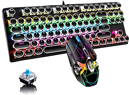 Ltvystore Tastiera meccanica e mouse per macchina da scrivere retrò, nera con interruttore blu e 9 modalità di retroilluminazione RGB, luce fredda per giochi, lavoro, Mac, PC, Windows