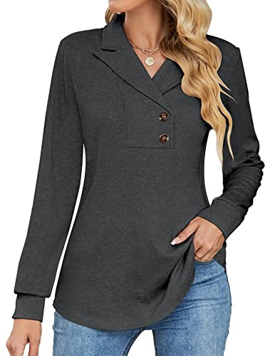 Micoson Women's Casual Long Sleeve Notch Collar 2025 Fall Swing Tops Lapel Swing Sweater Shirts Work Office Dark Grey S