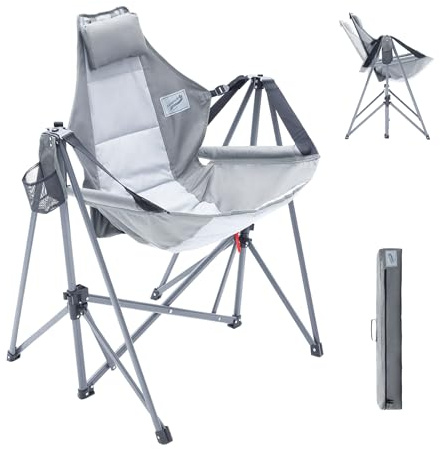 Camphor Designs Portable Swing Hammock Chair | Foldable Recliner Rocking Lounger with Headrest & Drink Holder | Outdoor Sports, Beach, Lawn, Hunting, Tailgating, Fishing | Supports 300Lbs (Grey)