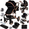 Poussette pour bébé 3 en 1 pour enfant - Légère et pliable - Système de voyage 3 en 1 - Pour nouveau-nés et tout-petits de 0 à 36 mois à partir de la naissance - Aluminium (noir - Cadre or rose)