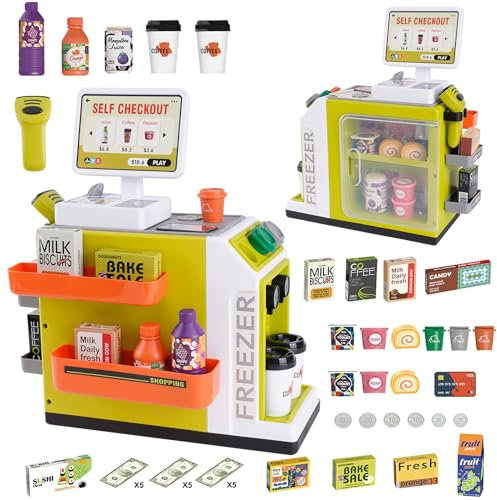 Arkyomi Kasse kaufladen Kinder,46pcs zubehör einkaufsladen Kinder , spielkasse Spielzeug kinderkasse mit Scanner und Sound,kaufmannsladen Kasse Kleiner supermarktkasse