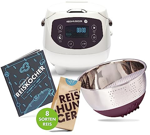 REISHUNGER Digitaler Reiskocher klein, weiß | 0,6 L bis 3 Personen | 11-teiliges Starterset inkl. Reiswaschschüssel, Kochbuch & 8 Sorten Reis