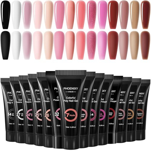 Phoenixy Poly Nagelgel Set 14 Farben Nagelverlängerung Kit Poly Nägel Gel Set Geschenk für Frauen Schwarz Weiß Nackt Rosa 15 ML