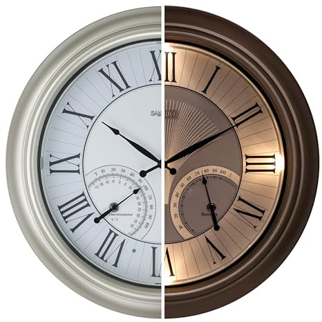 Samilito Beleuchtete Wanduhr für den Innen- und Außenbereich, wasserdicht, große Uhr mit Thermometer und Hygrometer für Garten, Terrasse, Pool,(Silber)