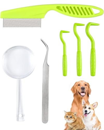 AORHOFJ 6 Piezas Herramienta de Eliminación de Garrapatas, Removedor de Garrapatas para Perros Gatos y Humanos Plástico Ganchos para Quitar Garrapatas con Pinzas Peine y Lupa，Peine Perro
