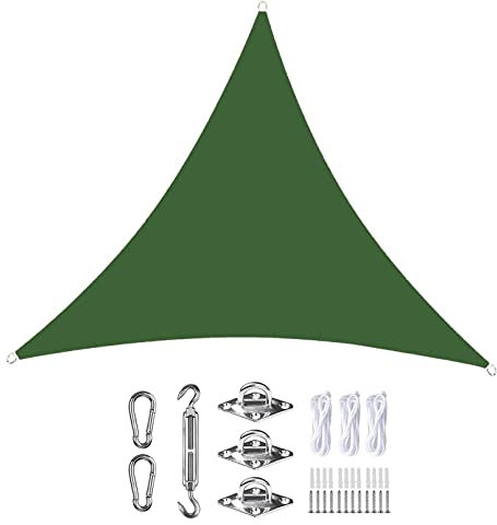 Grande tenda parasole triangolare impermeabile verde scuro, 7,8 x 7,8 x 7,8 m, antivento, anti UV, per feste all'aperto, cortile, prato, include attacco per tenda per una maggiore protezione all'ombra