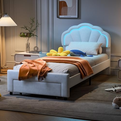 Cama tapizada de 90 x 200 cm, infantil con almacenamiento y LED, cabecero ajustable, estructura blanca + franela