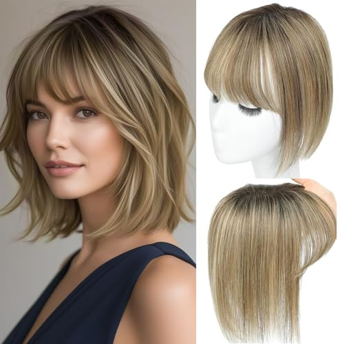 Hair Toppers for Women Human Hair with Bangs Hand-stitched 360°3D Coverage Natural for Thinning HairPieces for Women with Thinning Hair Swiss Base Medium Brown Mix Blonde with Dark Brown Root（4T427）