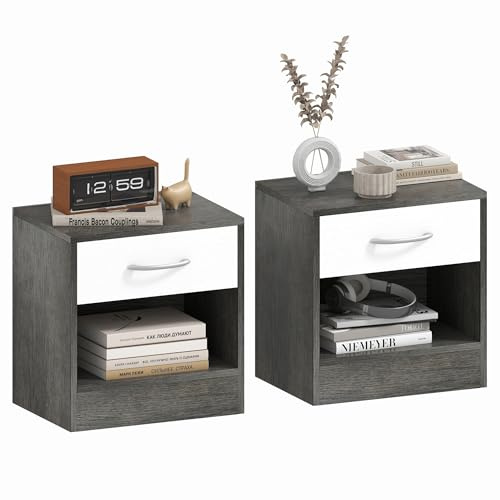 HOMCOM Set 2 Comodini per Camera da Letto con Ripiano Aperto e Cassetto, Comodini Moderni in Truciolato, 39x28x41 cm, Bianco e Grigio Scuro