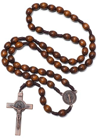 KMIMO Chapelet catholique en bois fait à la main - Médaille de prière chrétienne et croix en métal pour cadeau catholique ou chrétien - Bois Chapelet