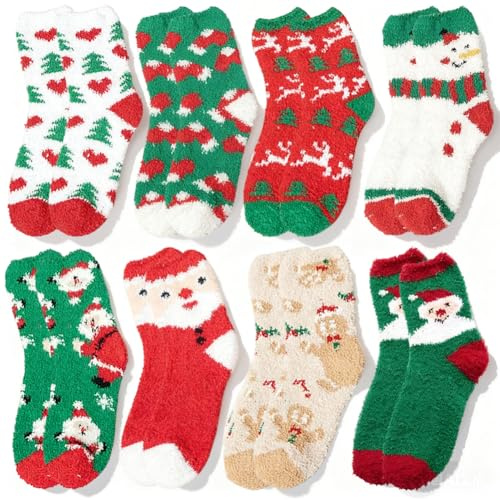 JynxtoyZeal Calzini Natalizi, 8 Paia Calzini Donna Invernali, Calze Caldi Pelosi Morbido Calzini Termici Natalizi Regalo per Le Signore, Con Motivo Babbo Natale, Per Un'atmosfera Natalizia
