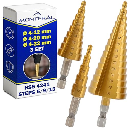 3 Pezzi Fresa Conica per Metallo Ø 4-12 mm Ø 4-20 mm Ø 4-32 mm in Acciaio Rapido HSS 4241 con Rivestimento in Titanio - Punta Conica Trapano per Acciaio per Plastica - MONTERAL