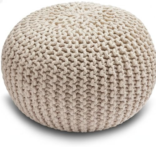 Royale Linens Handmade Ottoman Large Knitted Round Pouffe Foot Stool - 100% Cotton Chunky Hand-Knit Pouf Soft & Comfortable for Living Room 50x50x35cm (Tan)