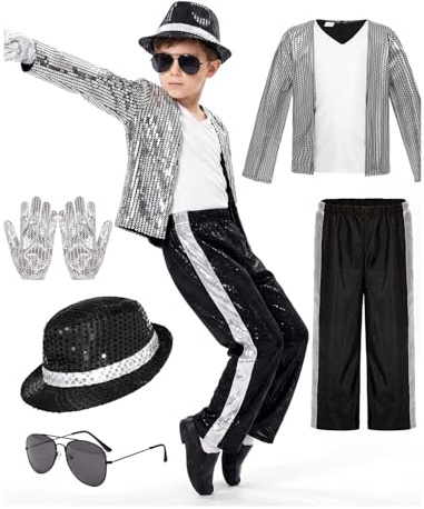 Deguisement Roi de la Pop Garcon 4 Pieces à Années 80-90 Veste A Paillettes Argentees Pantalon Chapeau Gants pour Halloween Carnaval Cosplay Spectacle Enfant 6-14 Ans