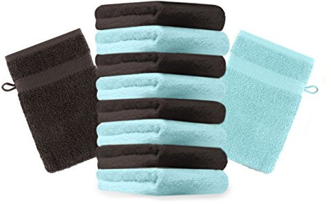 Betz 10 Stück Waschhandschuhe Premium 100% Baumwolle Waschlappen Set 16x21 cm Farbe Dunkelbraun und türkis