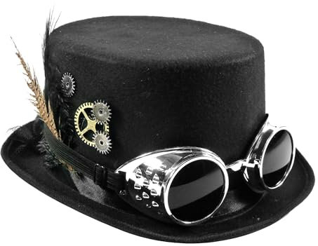 TrendandStylez Hut Zylinder Steampunk, schwarz, mit abnehmbarer Brille, Zahnrädern und Federn für JGA, Mottoparty, Fasching Karneval