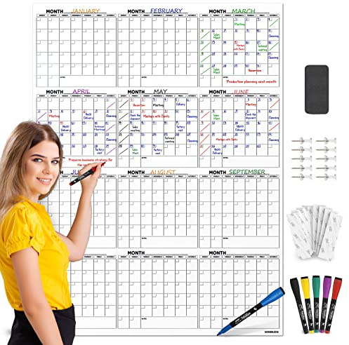 Calendario grande de borrado en seco de 36 x 48 pulgadas, borrado en seco, incluye 6 marcadores, chinchetas y cinta de montaje