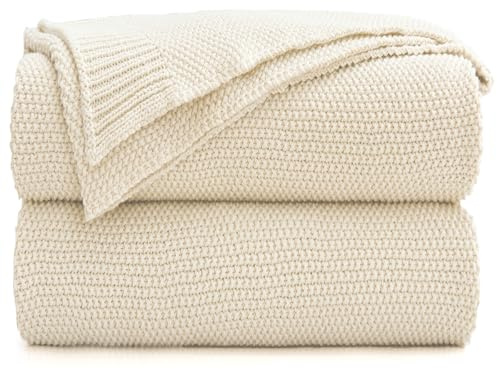 Manta de Punto Trenzado de algodón Color Crema para sofá, sillón y Cama, Ligera y Decorativa para el hogar, Manta Tejida con Bolsa de Lavado Adicional, 1,54 kg, 152 x 203 cm, Beis