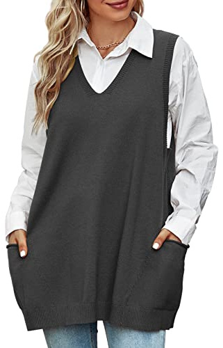 Niwicee Pull sans Manche Gilet Femme Tank Top Sweater Tricot Chandail Tops mit Poche,Gilet Tricot Coton Classique Pull À Col V,Pull Chaud Casual Basique Automn