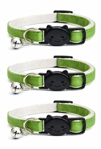 Velvet Cat Collars with Bell. Safe Breakaway Quick Release Buckle. Available in Cat & Kitten Size (Pack of 3) (Kitten Collar (15cm - 23cm), Apple Green (Pack of 3))