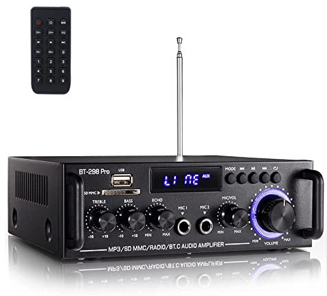 Etlephe 298 Pro Mini Verstärker, Bluetooth-Empfänger, Audioverstärker, Max 500 W x 2 RMS, 50 W x 2, 2-Kanal-HiFi-Verstärker, Heimkino-Stereo-Receiver, Höhen und Bässe mit USB/RCA/MIC/FM