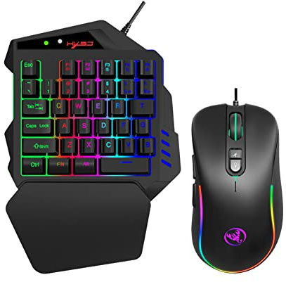 Irfora Einhand-Gaming-Tastatur- und -Maus-Kombination V500 RGB-Gaming-Tastatur und J300-Gaming-Maus Gaming-Tastatur Kabelgebundene Gaming-Tastatur mit 2 USB-Anscüssen und Gaming-Maus