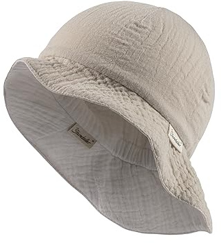 Sterntaler Wende Sonnenhut Uni - Strandhut aus Musselin(Bio) - UV-Schutz 30 Sommerhut Mädchen - mit elastischen Gummiband und Nackenschutz - Baby Kinder Kopfbedeckung - beige, Größe 47