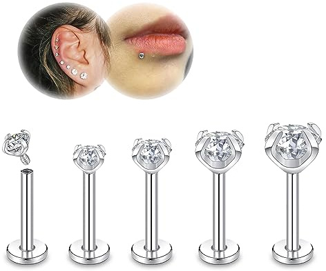ZS 16G/18 G läpplabret nitar, rostfritt stål internt gängade smycken för nässnäcka Medusa piercing, CZ framåt helix tragus örhänge för kvinnor män, 18g,L:6mm, Kristall Diamant Ädelsten, Kubisk zirkon