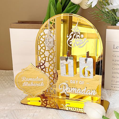 Ramadan Kalender Dekorative Adventskalender,Eid Mubarak Dekoration Ramadan aus Acryl Countdown Kalender Ornament Gebet Ramadan,Mubarak Deko Wohnzimmer Ramadan Geschenke für Kinder (Gold)