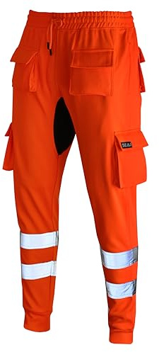SEA3 Men's Hi Viz Vis High Visibility Fleece Slim Fit Work Cargo Painter Trousers Joggers Bottoms, Orange - M