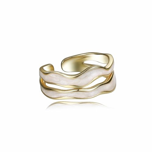 Fluidable Beryl, anello a fascia aperta in argento Sterling 925 placcato in oro 18 carati, con smalto ondulato a strati irregolari, due cerchi bianchi, regolabile, regalo per anniversario per donne