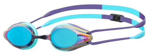 ARENA Tracks - Occhialini da nuoto unisex per adulti, essenziali per nuotatori agonistici, per uomini e donne, con lenti a specchio rivestite anti-appannamento, colore turchese/futuro crepuscolo/acqua