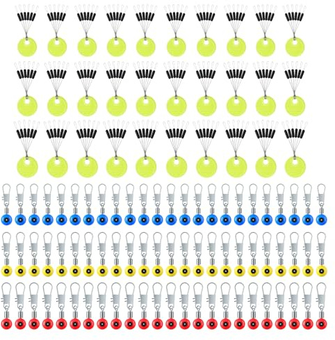 MIPIACE 180 Pezzi Stopper in Gomma Pesca 6 in 1 Stopper Lenza Galleggianti Pesca S/M/L E 30 Girelle da Pesca con Moschettone per Lenza Stopper 0,148-0,37 mm Pesca alla Trota Giunto Girevole per Pesca