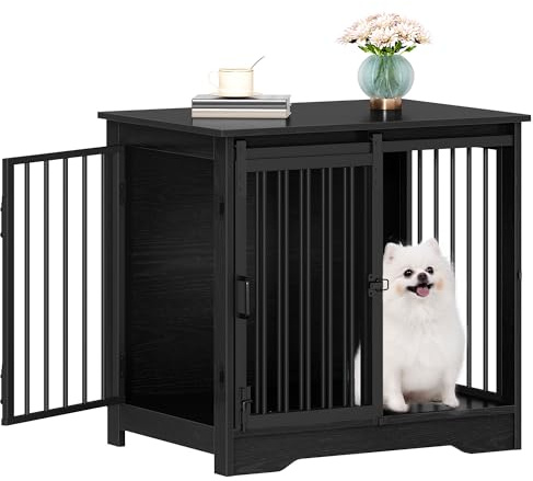 Hzuaneri 69 cm Jaula para Perros, Mesa Auxiliar, casa Moderna para Perros, Jaula para Cachorros, dúplex para Animales, 2 Puertas, 49 × 69 × 64,5 cm, Negro DFC84304B