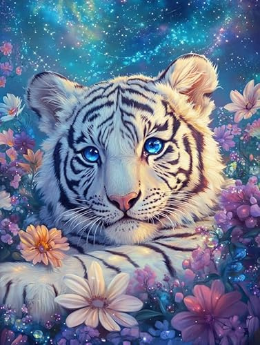 Bimkole 5D Diamond Paintinger För Vuxna Vit Tiger, Full Borrmålning Gör-det-själv Strass Broderi Set Färg Med Diamanter Kit Blomma Djur Korsstygn Hem Vägg Hantverk Dekoration 30x40 cm
