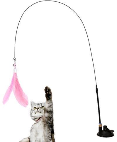 Jouet pour chat - Canne à pêche pour chat avec tige à ressort amovible - Jouet interactif avec ventouse - Bâton d'exercice - Attrape-plumes flexible pour l'intérieur - Appareil d'entraînement de