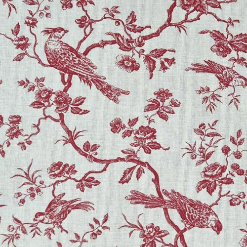 Tyg i metervara Toile de Jouy Mesanges vit röd fåglar