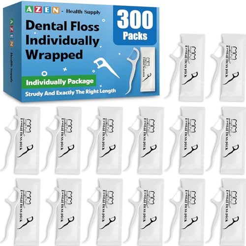 AZEN 300 Count Dental Floss Bulk, Individually Wrapped Floss Picks, Toothpicks Flossers for Adults, Ideal Travel Flossers for Deep Cleaning