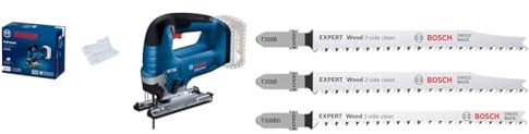 Bosch 06015B3021 Professional GST 185-LI Akku-Stichsäge Solo (Karton) + 3x Stichsägeblatt Set Expert ‘Wood 2-Side Clean‘ (für Sperrholz, Massivholz-Möbelplatte, Länge 117 mm)