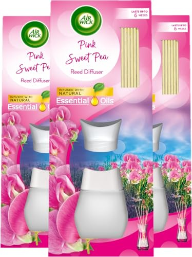 Air Wick Pink Sweet Pea Reeds Diffuser 42ml, 6 weeks of Long-Lasting Home Fragrance with Natural Essential Oils, Sustainable Recyclable Scent Improvement, Eco-Conscious Oil Diffuser - 3 Units