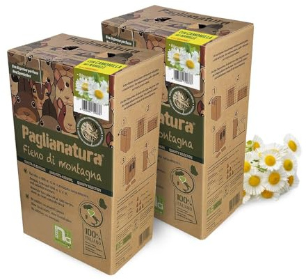 Paglianatura Fieno di Montagna 600gr con Camomilla in Dispenser - Cibo Naturale e Aromaterapia per Conigli e Roditori (2 pezzi)