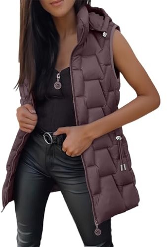 Quilted Gilet for Women UK Ladies Longline Hooded Puffer Jackets Padded Sleeveless Warm Bodywarmers Vest Lightweight Cozy Waistcoat Zipper Transitional Outerwear with Pockets Autumn Winter Coffee 4XL