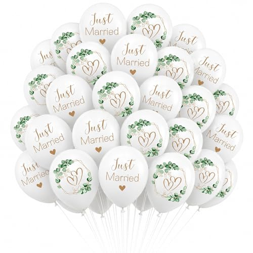 Bolosa Just Married Balloons 30 Pcs, 12 Inch Wedding Balloons, White Gold Greenery Latex Wedding Party Decorations, for Reception, Proposal, Engagement, Bridal Shower, Hen Party & Photo Backdrop